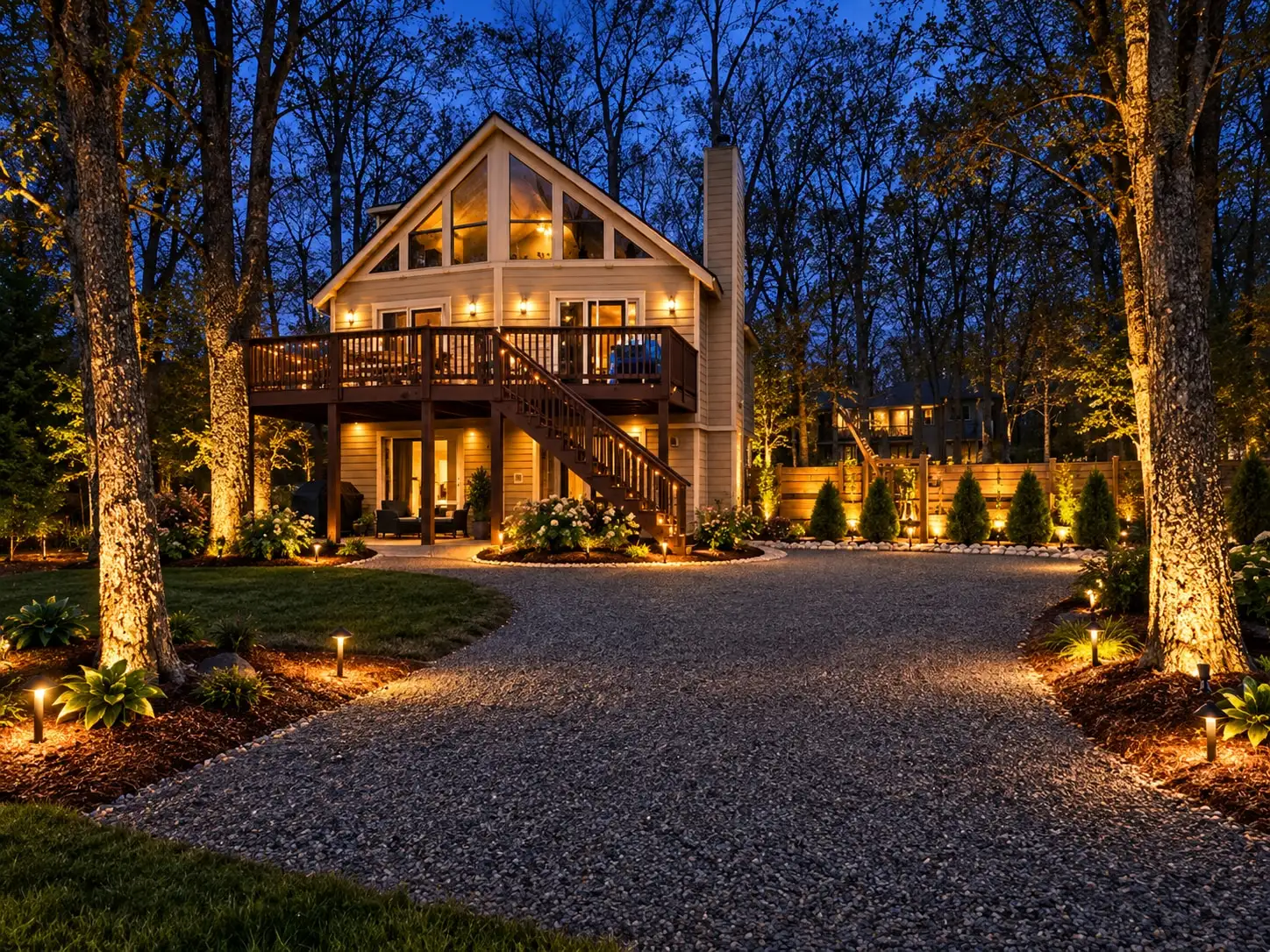 The Lake Harmony Chalet at dusk — lit second-story deck, gravel drive and fenced backyard among the trees